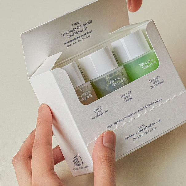 ANILLO Lime Sunday & Amber528 Travel Shower Set (Shampoo 55ml, Ampoule Treatment 55ml & Hand And Body Wash 55ml)