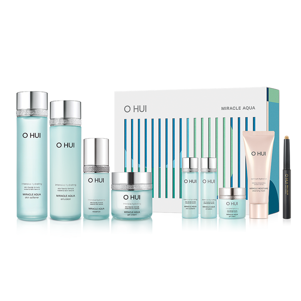 OHUI Miracle Aqua Set (Skin Softener, Emulsion, Essence, Gel Cream, Hyaluronic Water Patch) Available on Seoulbazaar, your online store for trendy korean products.